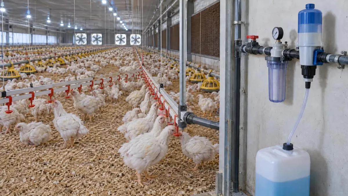 Proportional dosing pump and can at the head of a nipple drinker line, broilers in the house
