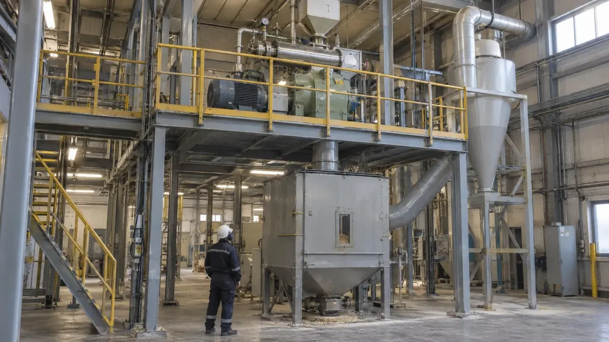 Pellet mill on its mezzanine in a feed mill, with the enclosed chute running down to the cooler